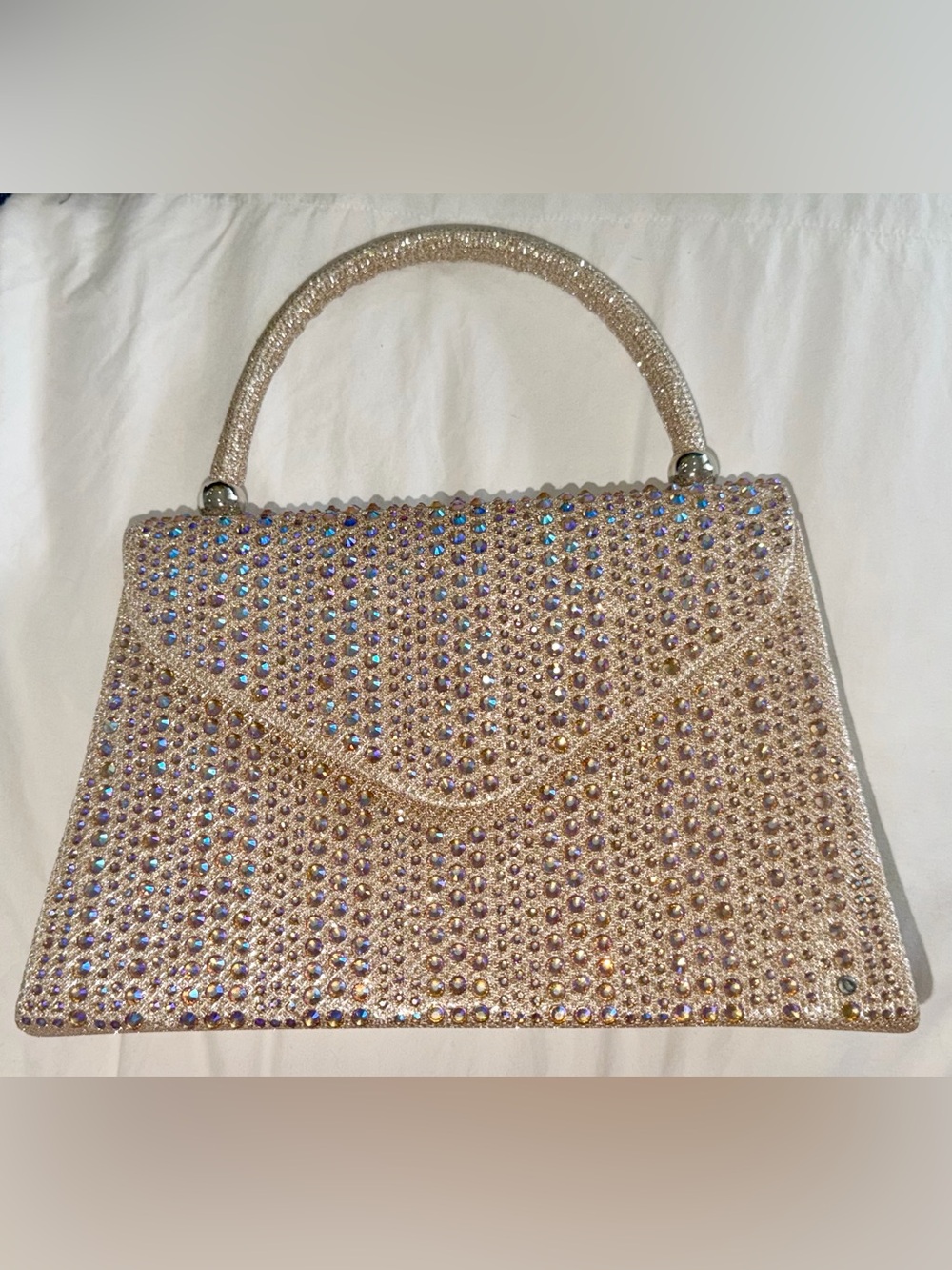 Gorgeous Crystal-Embellished Champagne Evening Top-Handle Clutch